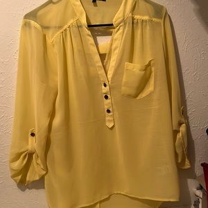 womens yellow 3/4 sleeve transparent v neck.